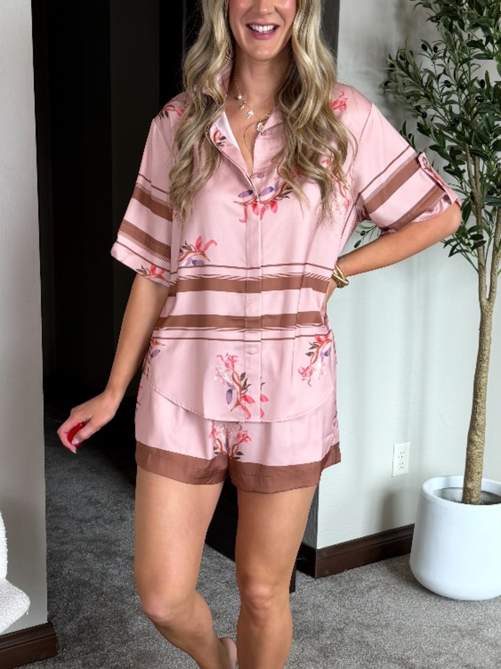 Petal & Pup Pink Floral Button-Up Blouse and Shorts Set